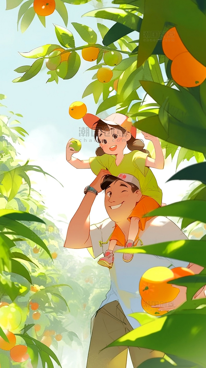 父亲节海报父亲和女儿在果园摘水果温馨海报