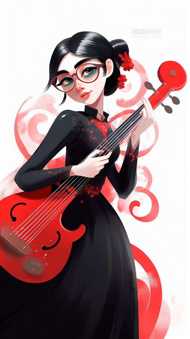 扁平风插画色彩丰富女孩拿着吉他美式复古音乐艺术