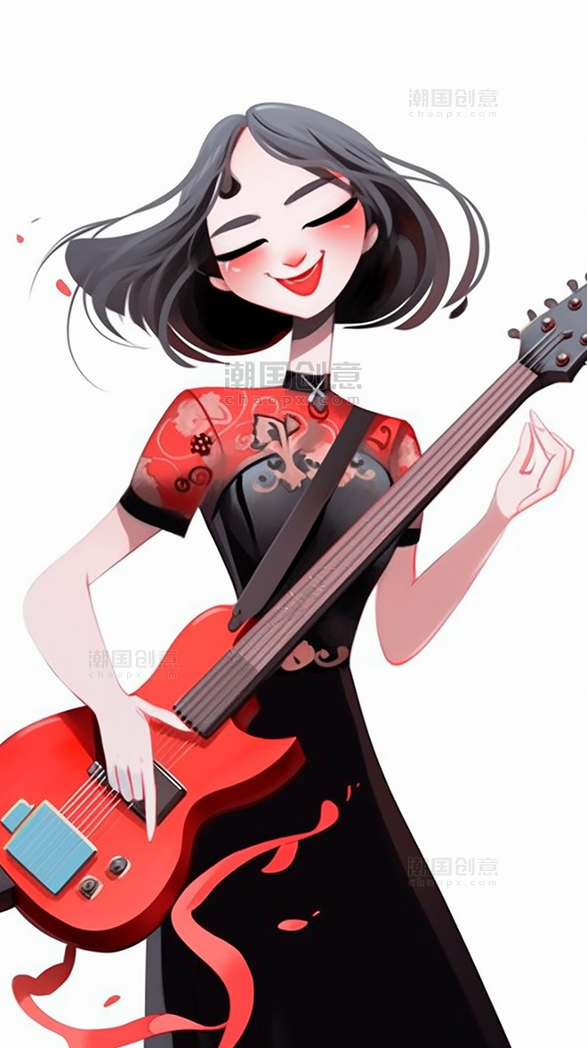美式复古色彩丰富扁平风插画女孩拿着吉他音乐艺术