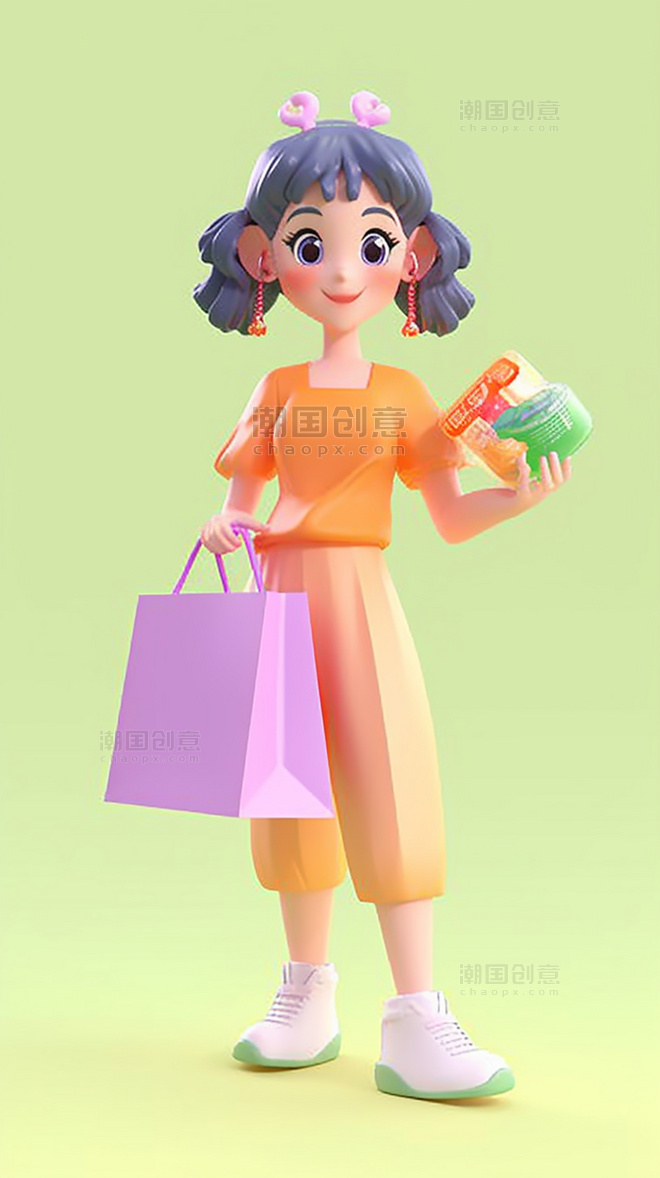 618购物大促女孩提着购物袋3D素材双十一电商立体素材