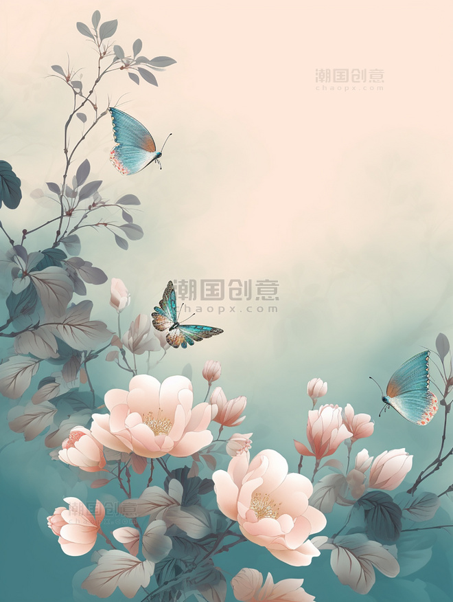 粉色花卉蝴蝶手绘背景