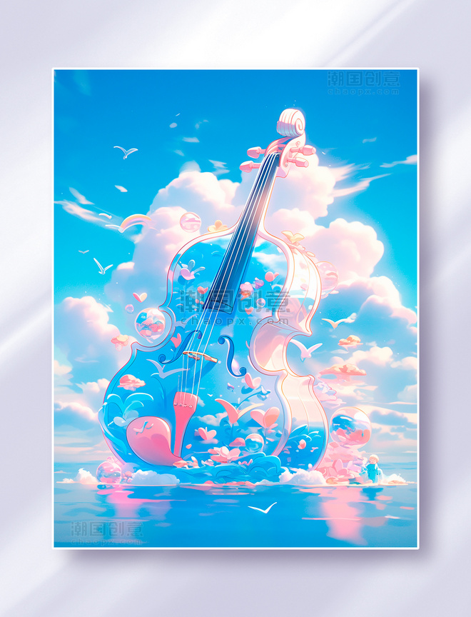 一架梦幻的小提琴在海洋世界上瑰丽的云彩概念插画