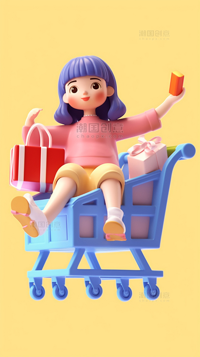 3D素材618购物大促女孩坐在购物车里面礼盒双十一电商立体素材