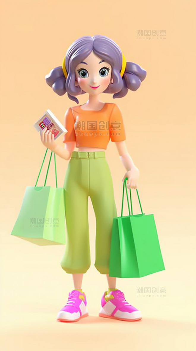 618购物大促女孩提着购物袋3D素材双十一电商立体