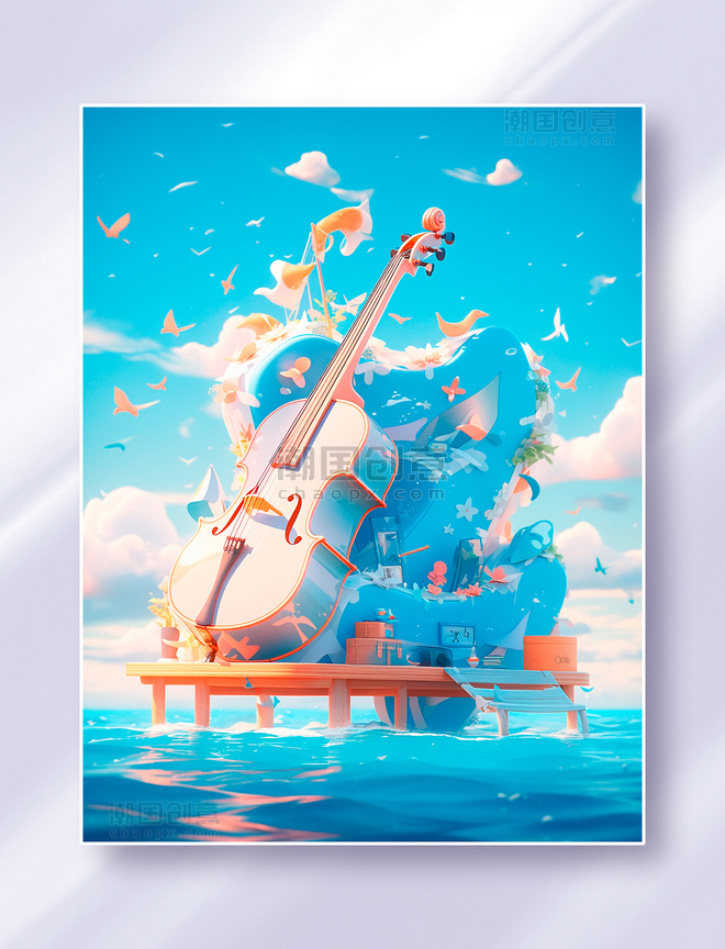 超现实主义插画一架梦幻小提琴在海洋上的木架上绚丽缤纷的云彩