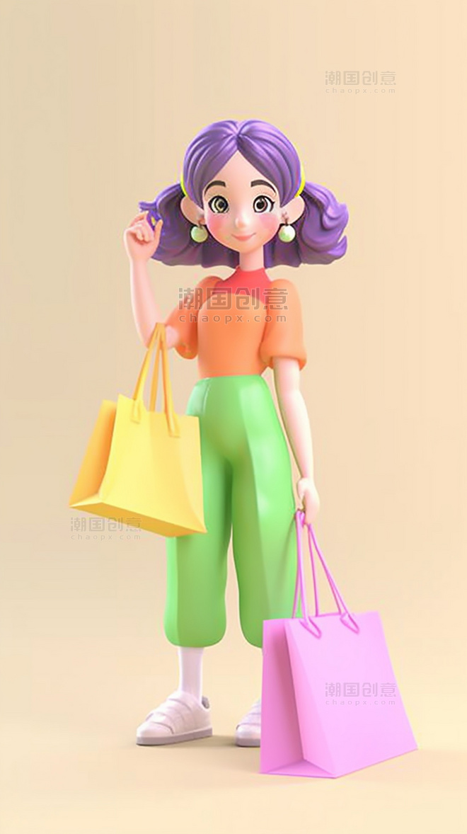 立体素材618购物大促女孩提着购物袋3D素材双十一电商