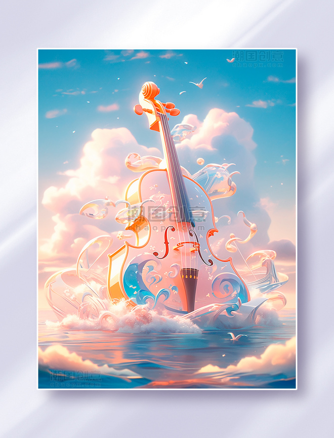 海洋世界上的超现实主义梦幻小提琴乐器绚丽云彩概念插画