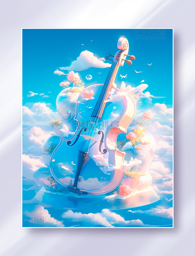 唯美梦幻的小提琴在绚丽的云海中超现实概念插画