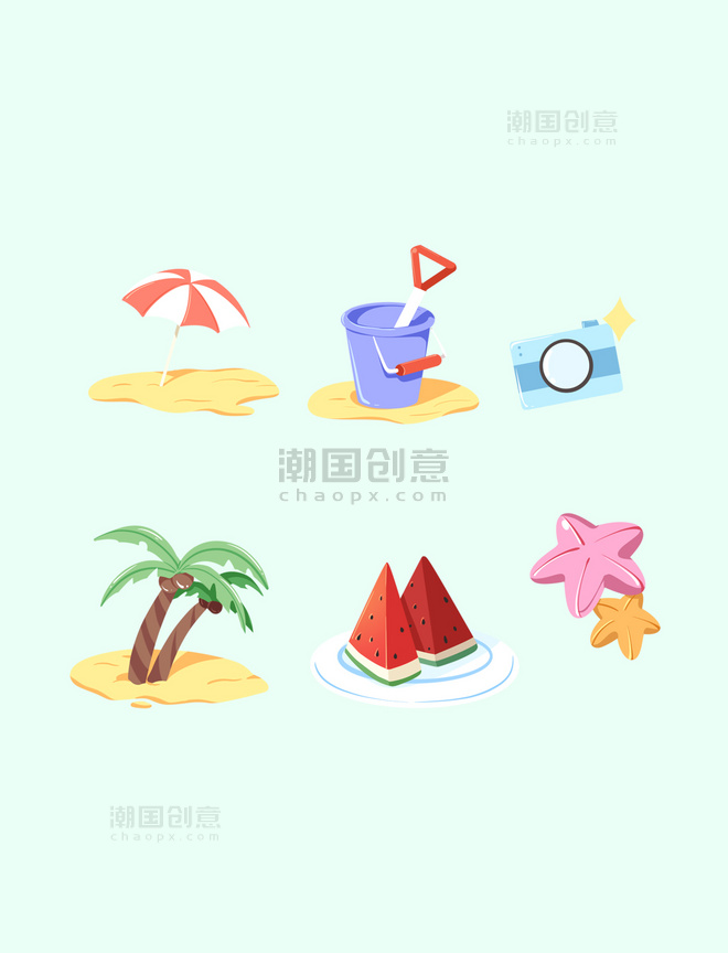 卡通夏天遮阳伞沙滩相机椰树标签贴纸