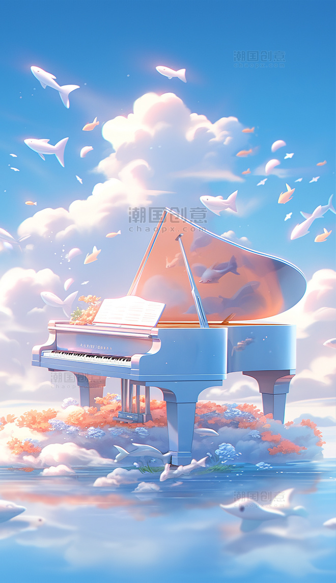 唯美梦幻钢琴乐器超现实天空