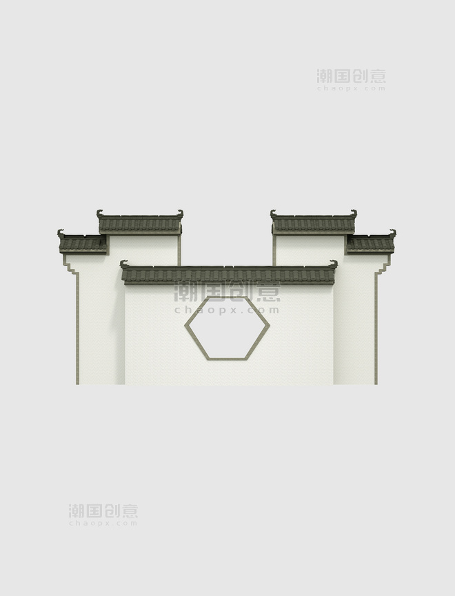 C4D立体中式中国风青砖屋檐墙
