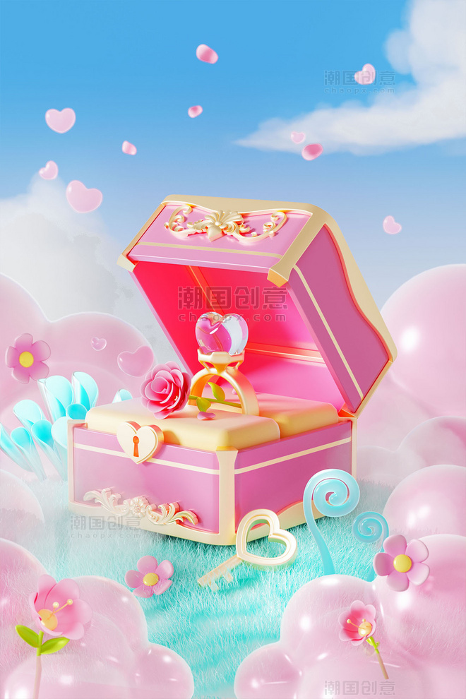 七夕情人节3D立体粉色戒指盒浪漫场景