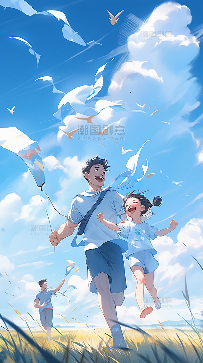 父亲和孩子在草地上奔跑放风筝插画