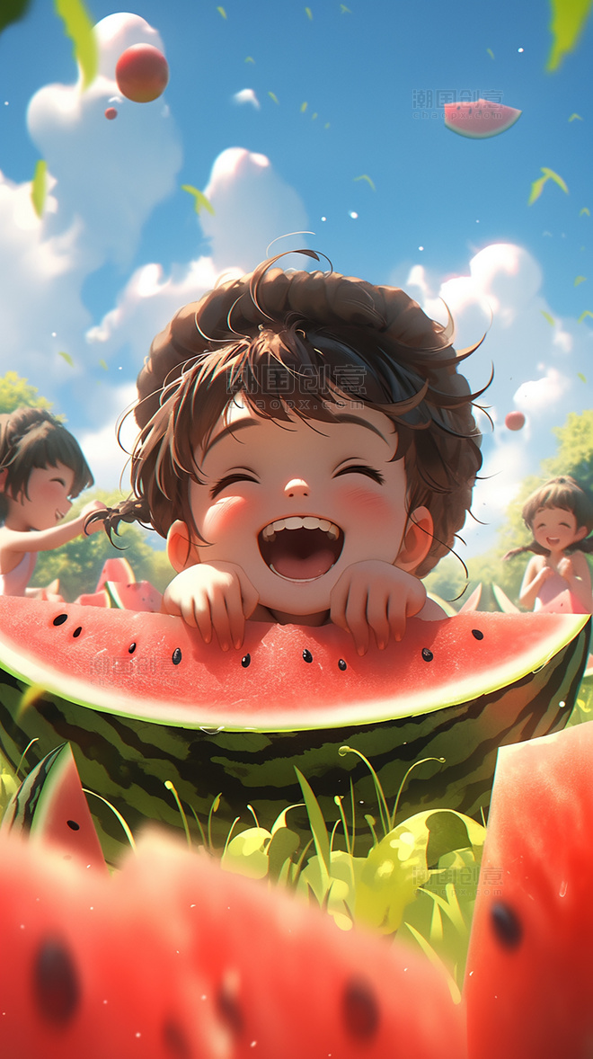 夏天快乐的孩子们笑容西瓜