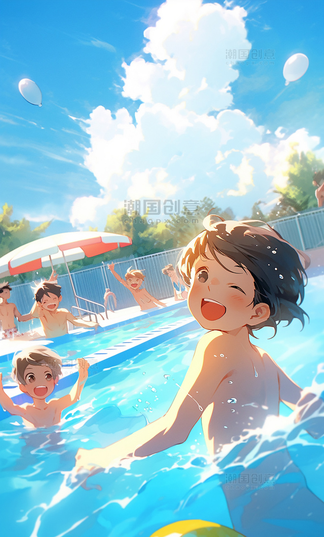 夏天快乐的孩子们游泳池