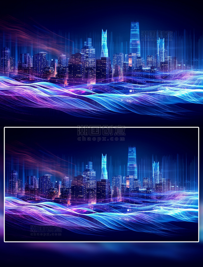 抽象风蓝色紫色光效穿梭信号传输城市背景2
