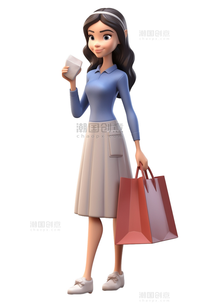 3D购物长发女人卡通购物