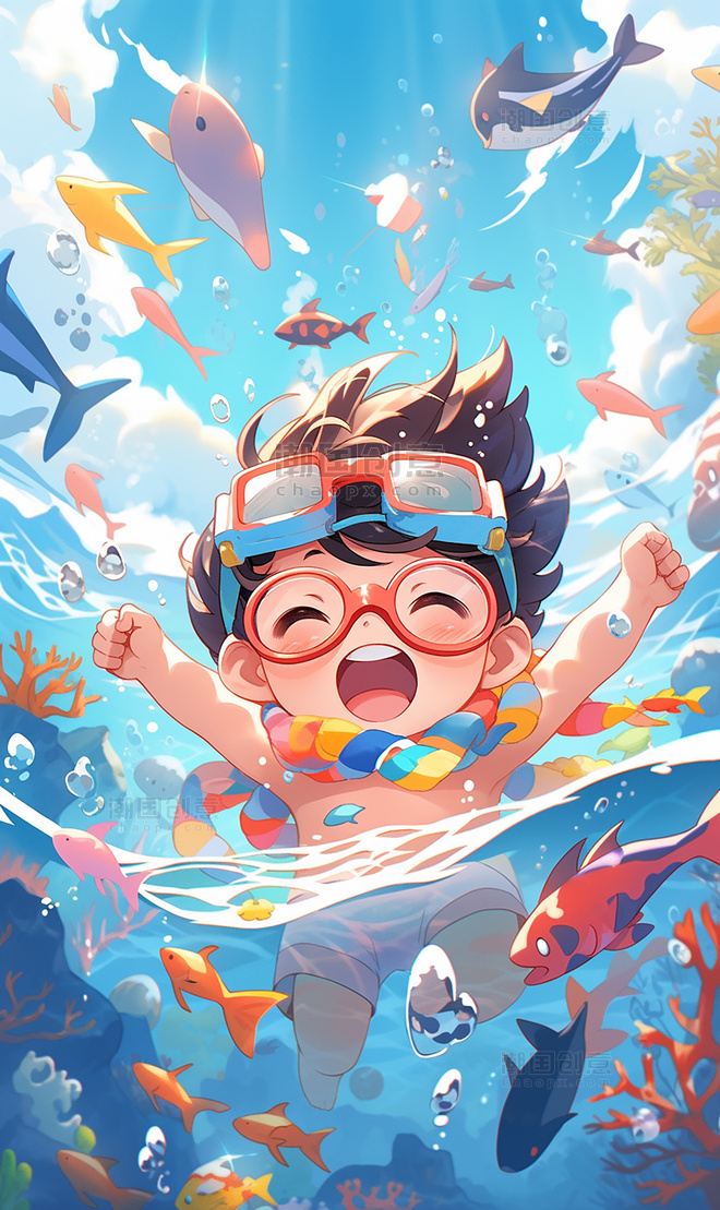 夏天夏季儿童游泳水上乐园人物插画背景