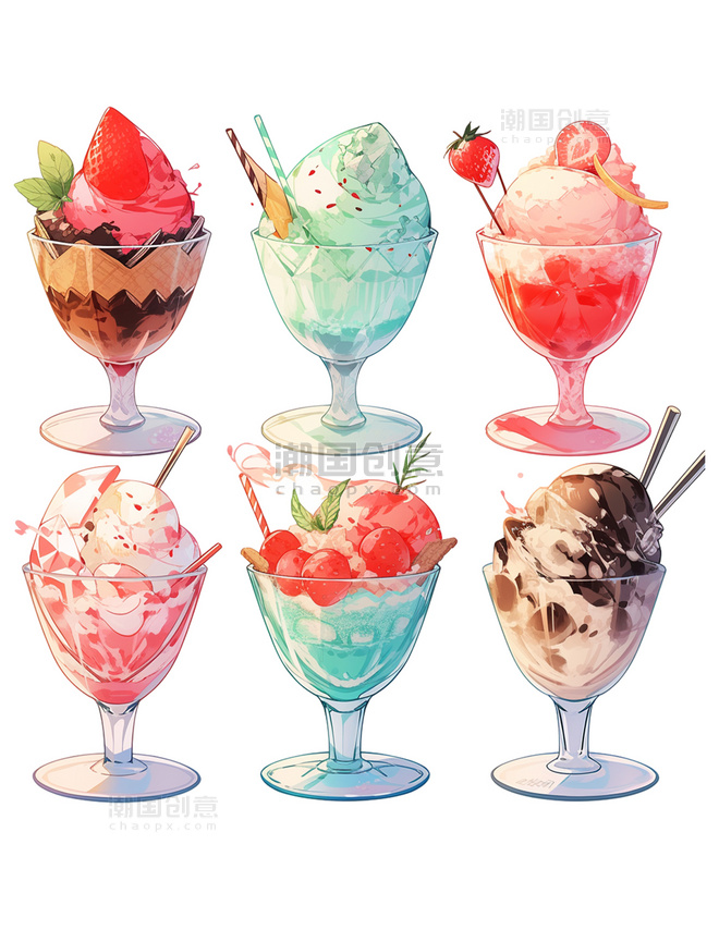 手绘冰淇淋甜品水果冰淇淋素材
