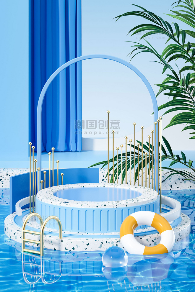 3D立体原创夏日蓝色清凉泳池电商促销场景海报