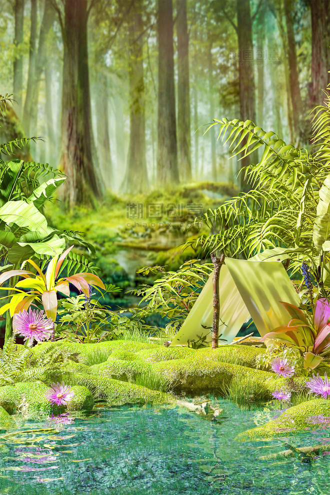 3D立体绿色植物草地小溪场景春天蝴蝶森林
