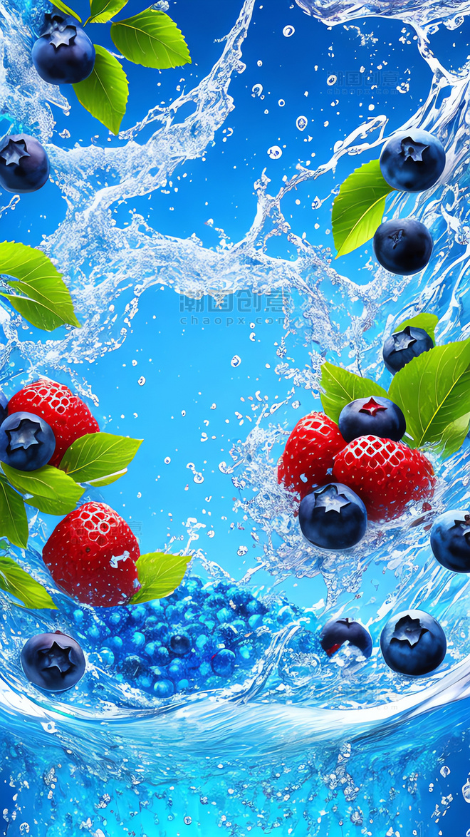 夏天的水果水果和清水的碰撞水花液体效果背景