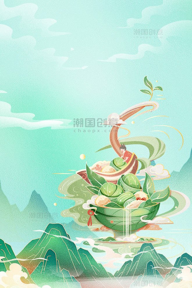 端午节粽子绿色国潮山水背景