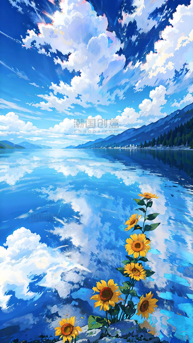 蓝天白云湖面风景背景
