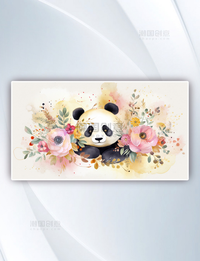 花朵国宝可爱手绘花丛插画熊猫插画