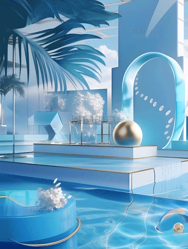 蓝色夏季室内泳池电商展台3D立体背景