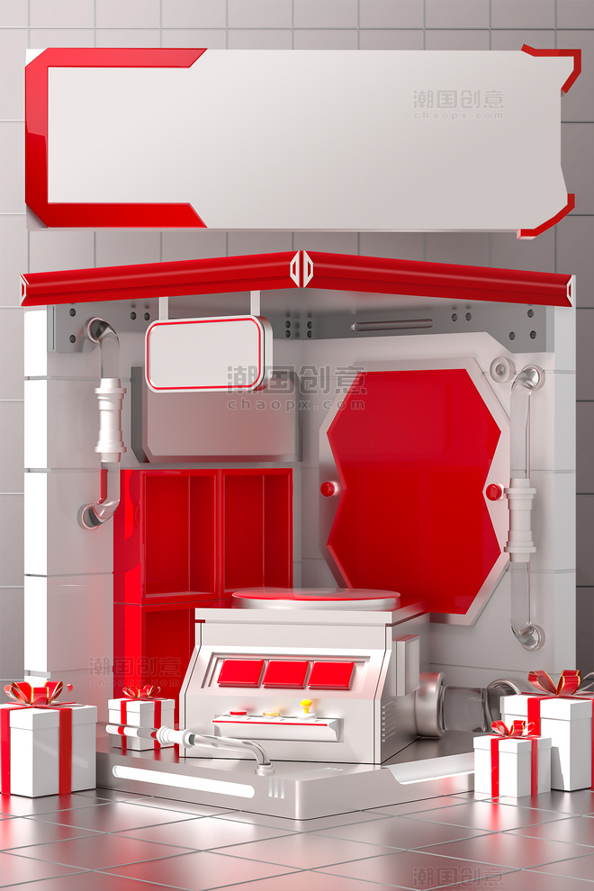 3D红色立体电商促销活动展台场景背景