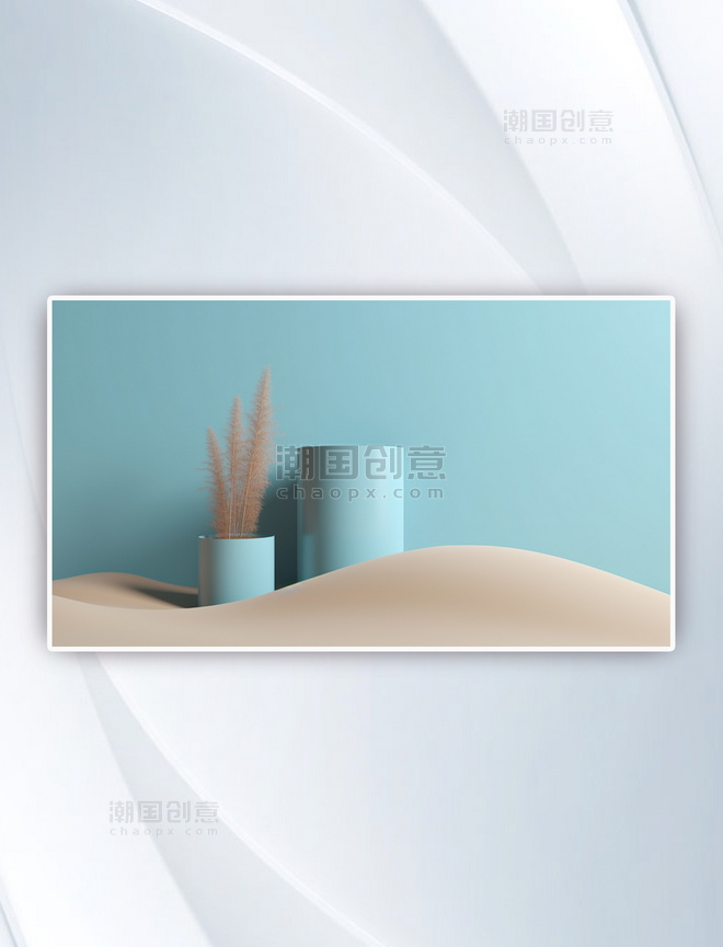 立体产品展示台在沙子上浅蓝色背景极简主义