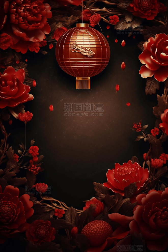 中国风古典喜庆红色牡丹和金龙