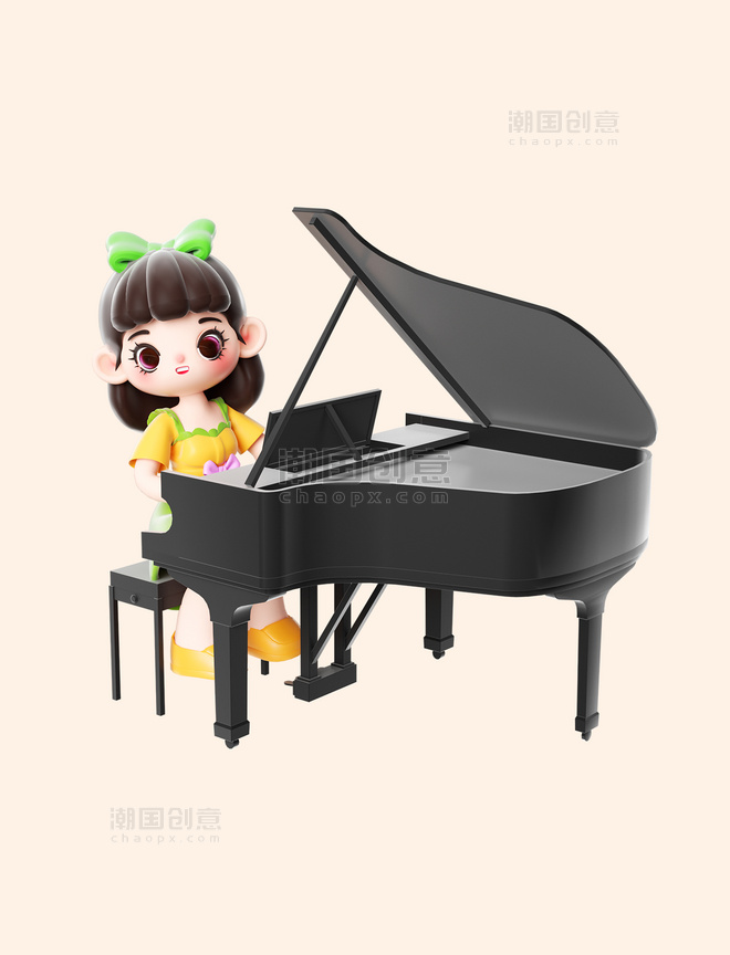 3d立体C4D教育培训音乐弹钢琴小女孩