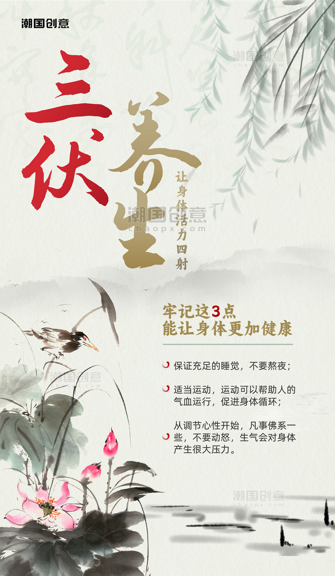 中国风水墨三伏夏季养生科普海报