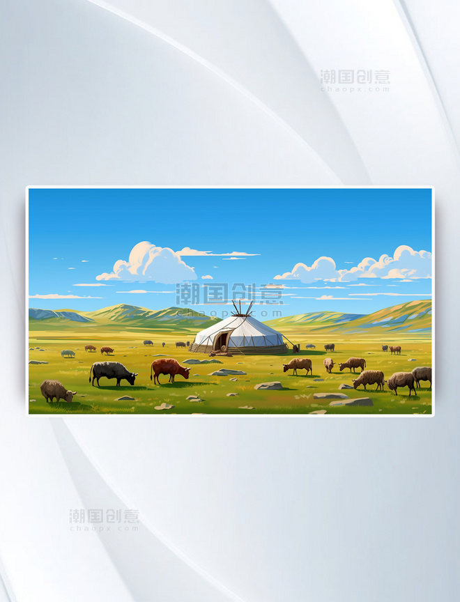 扁平风内蒙古蒙古族草原牛羊风景插画