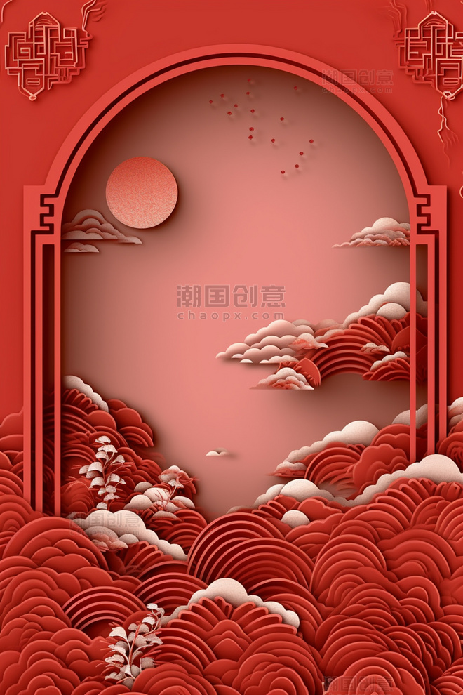 红色剪纸风中国古典云纹拱形边框