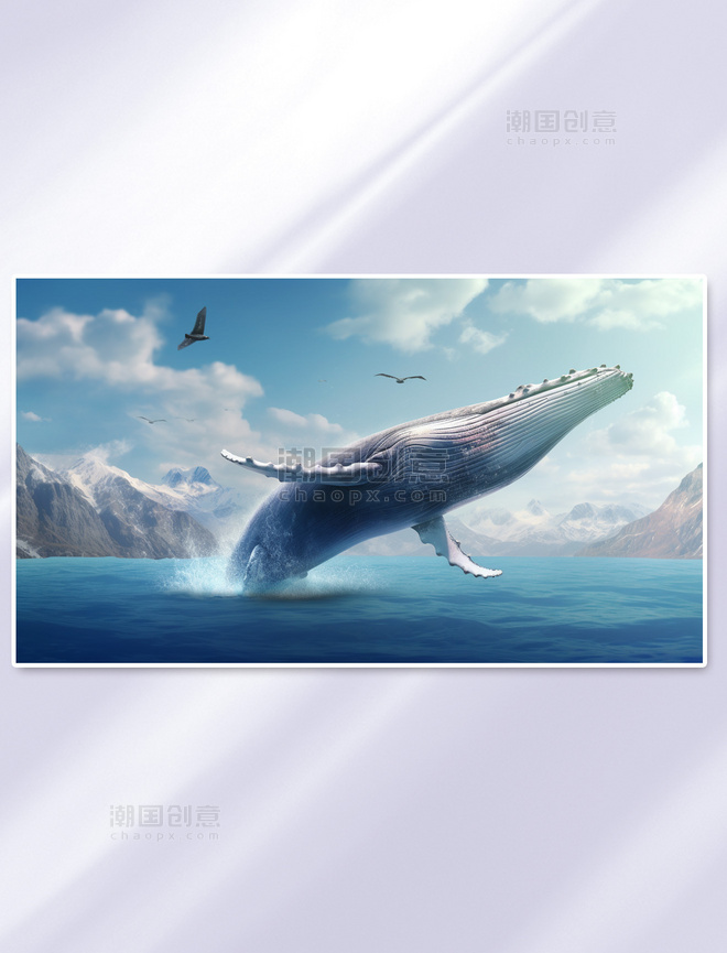水鲸鱼从海中飞出飞过天空广阔的蓝天背景