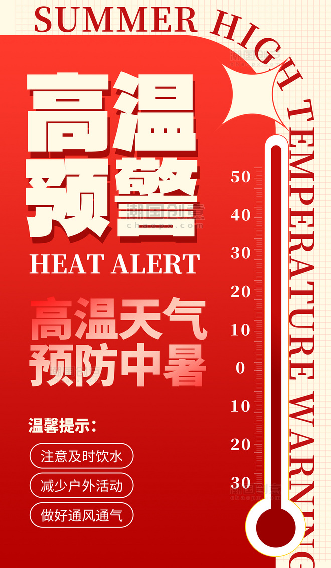 红色高温预警温馨提示简约大气海报