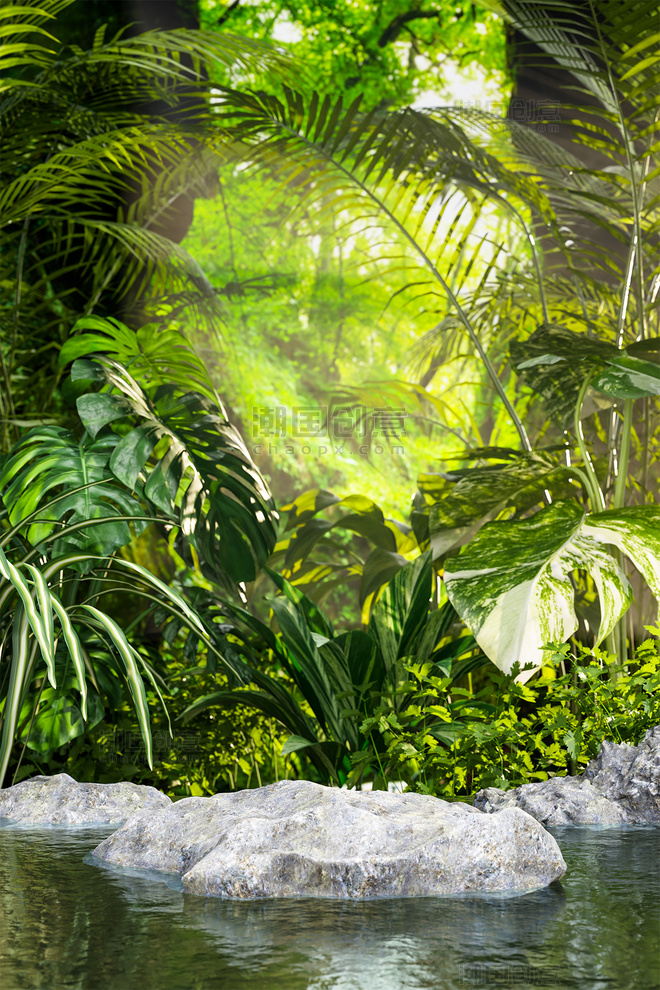 3d仿真植物场景水面热带雨林龟背竹日出