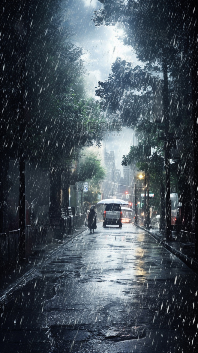 极端天气暴雨天街景夏天夏季