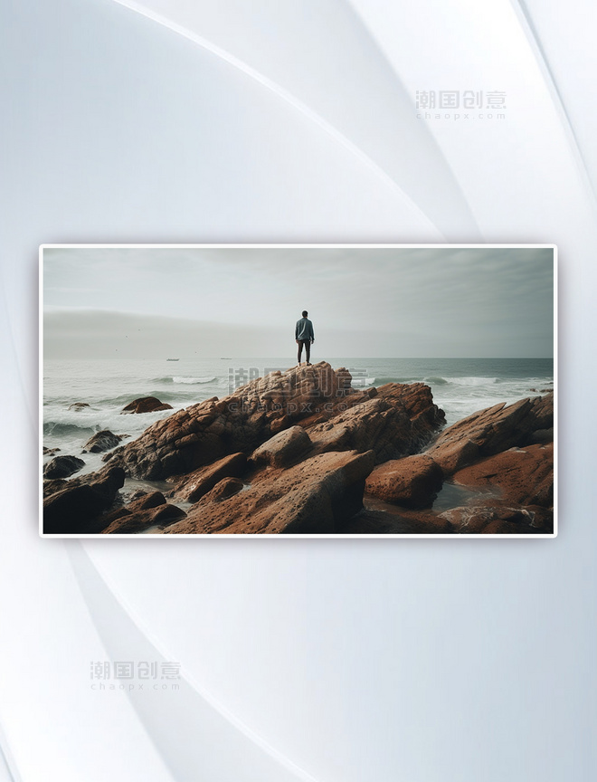白天站在海边岩层上的人摄影
