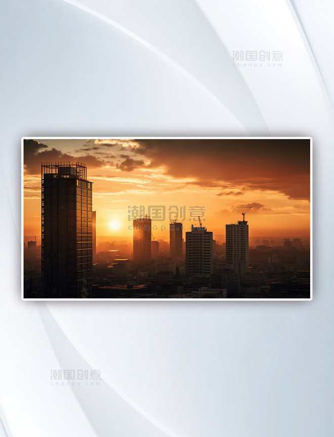 夕阳西下的高层建筑大气摄影图