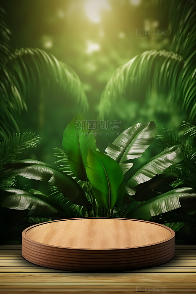 电商木色展台自然植物绿色背景