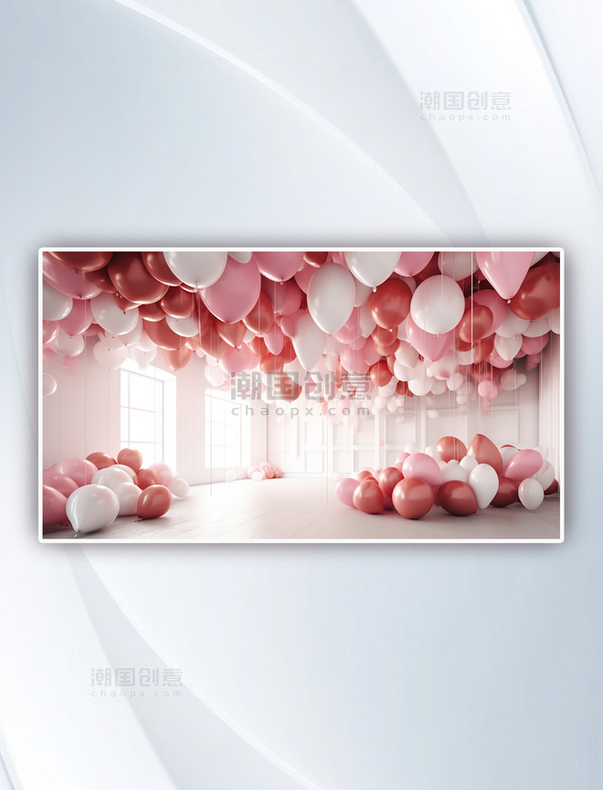 天花板上的粉色和白色气球浪漫摄影图