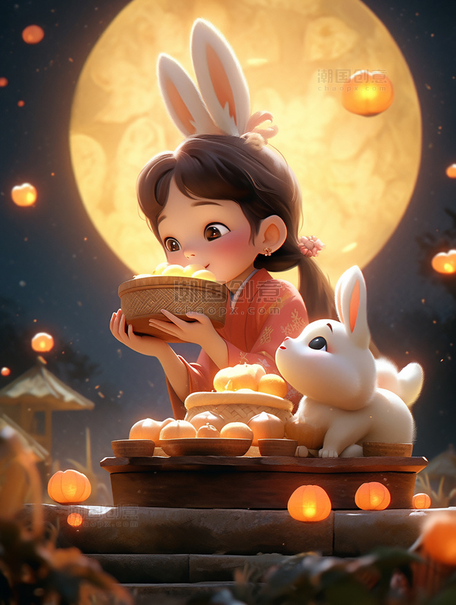  中秋节一个可爱的小仙女穿着古装和一只兔子在女孩身边玩耍皮克斯风格月饼祥云月亮