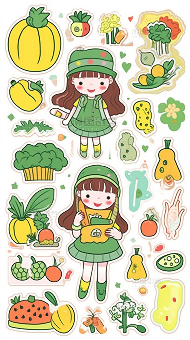 绿色夏季贴纸可爱的女孩贴纸活泼的春天绿色和黄色卷心菜萝卜南瓜