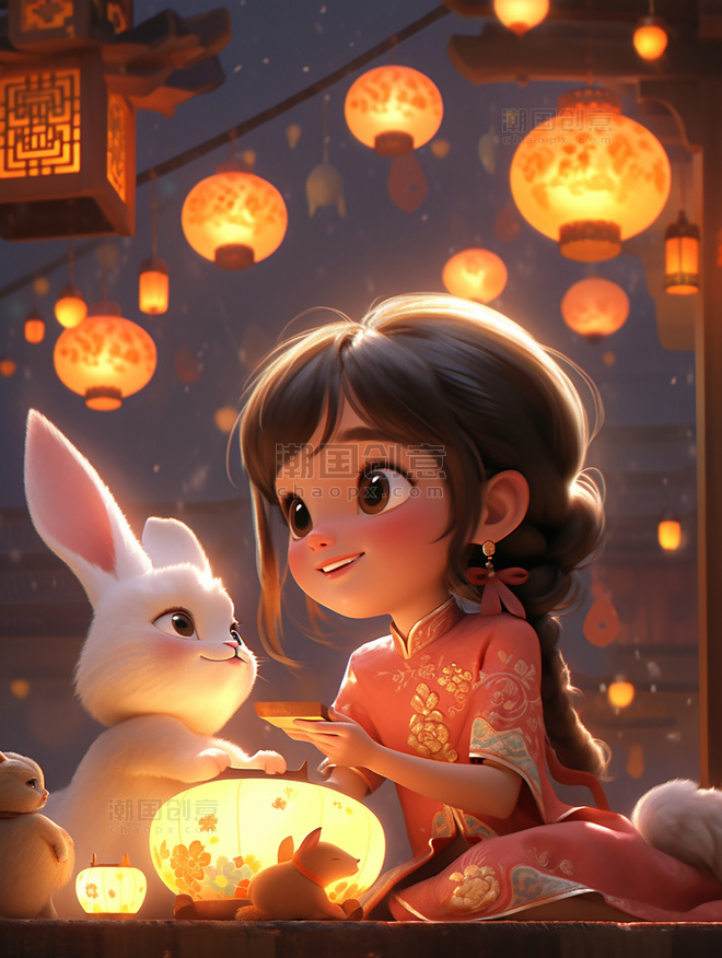 中秋节小仙女穿着古装和一只兔子月饼祥云月亮皮克斯风格