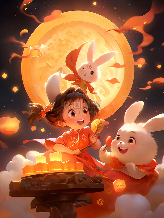 中秋节小仙女穿着古装和一只兔子在女孩身边玩耍月饼祥云月亮皮克斯风格