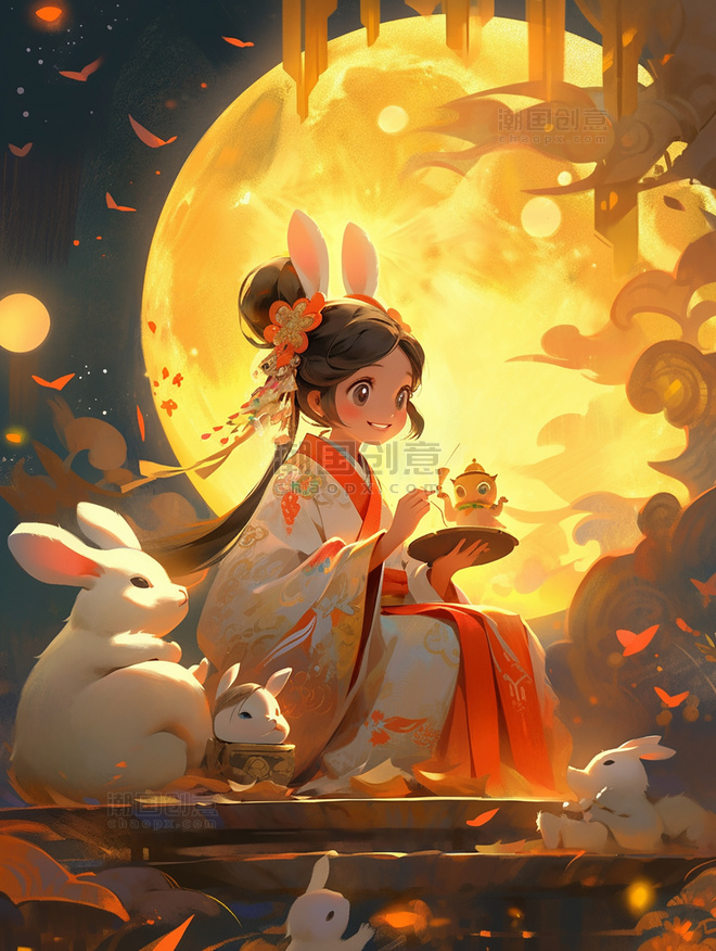 中秋节一个可爱的小仙女穿着古装和一只兔子月饼祥云月亮
